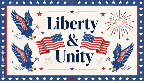 Foto An illustration celebrating American liberty and unity with eagles, American flags, fireworks, and stars on a patriotic background