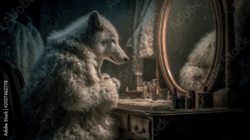 Deception tactics. Wolf sitting at a vanity table, gazing into a mirror in a dimly lit, vintage-style room.