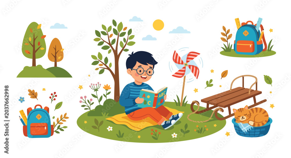Fototapeta premium An illustration of a boy reading outdoors, surrounded by backpacks, autumn leaves, a pinwheel, and a sleeping cat, celebrating learning and nature.
