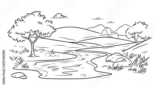 Simple black and white landscape drawing of a river and mountains
