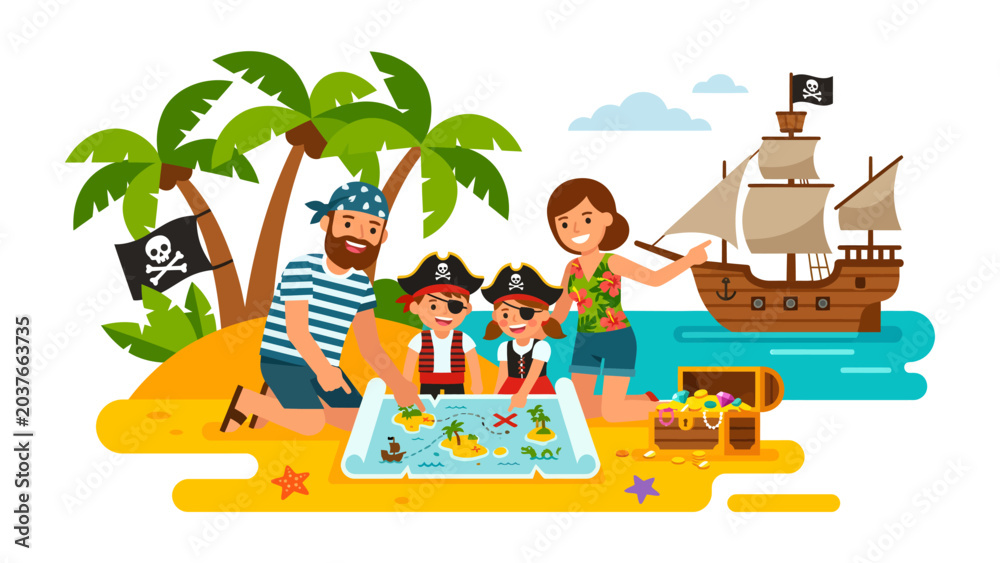 Αυτοκόλλητο Pirate Family Adventure: A joyous pirate family, including parents and two children, embarks on a treasure hunt on a tropical island