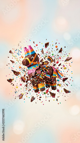 Dynamic splash composition. Floating fragments of a colorful chocolate piñata bursting in mid-air at the center