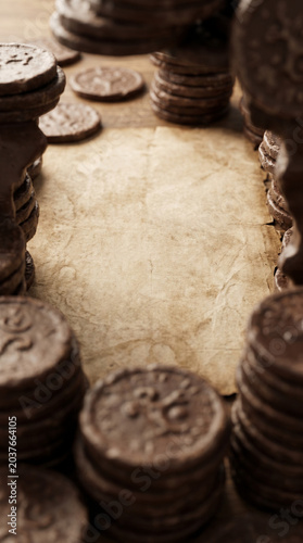 Macro depth of field. Stacked ancient coins made of weathered chocolate, severely out of focus in the foreground