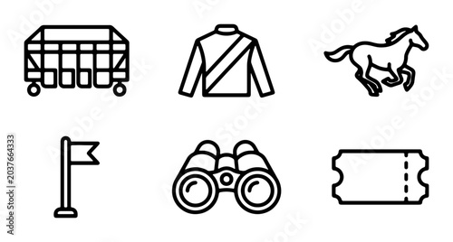 Obraz na plátně Horse Racing Icons Set: Jockey Silks, Horse Trailer, Flag, Binoculars, Ticket, V