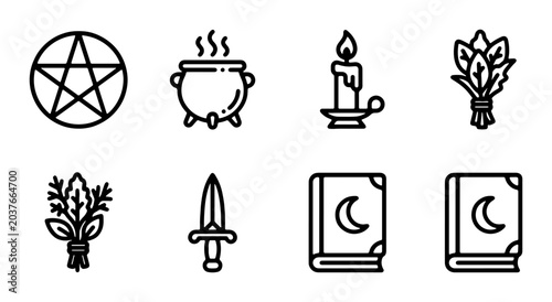 Schilderij op canvas Witchcraft Icons Set: Pentagram, Cauldron, Candle, Herbs, Dagger, Spellbook Vect