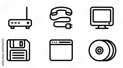 Schilderij op canvas Retro Technology Icons: Router, Phone, Monitor, Floppy Disk, Browser, CD Set