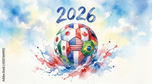 Watercolor soccer ball with world flags for 2026 world championship