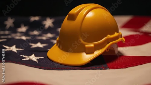 A bright yellow hard hat rests on a draped American flag, representating Labor Day of USA