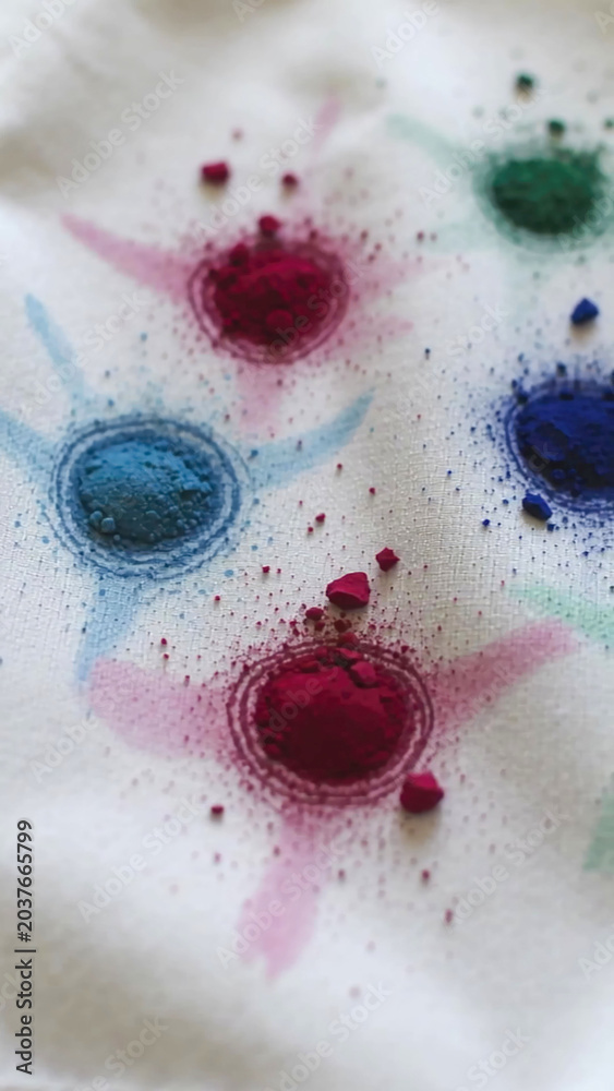 Fototapeta premium Colorful powdered pigments in various shades arranged on fabric surface, showcasing vibrant hues and textures in a creative artistic display