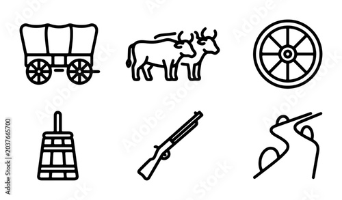 Bild auf Leinwand Western Wagon, Oxen, Wheel, Butter Churn, Rifle, Road Icons: Vintage Frontier Ve
