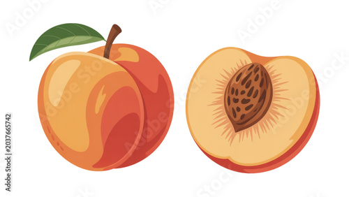 Obraz na płótnie Whole and cut peach fruit with visible pit on plain background