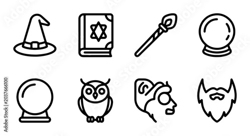 Bild auf Leinwand Magic Icons Set: Wizard Hat, Spellbook, Wand, Crystal Ball, Owl, Mask, Beard