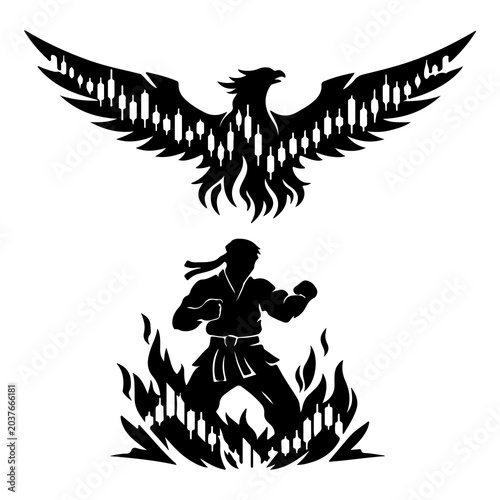 A high‑contrast vector silhouette collection blending martial arts discipline with financial symbolism — representing agility, precision, recovery, and dominance in global markets. Each design merges 