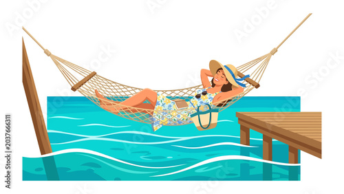 Photos Serene Island Retreat: A woman in a sun hat relaxes in a hammock suspended over crystal-clear turquoise water, with a wooden dock nearby, embodying ultimate vacation bliss