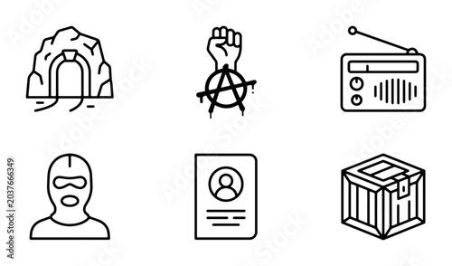 Canvas Print Anarchy Symbol, Cave Entrance, Radio, Masked Person, Passport, Cargo Crate Icons
