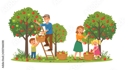 Foto Apple Picking Family Fun: A cheerful family, including parents and children, enjoys a day of apple picking in an orchard, filling baskets with ripe red apples under the warm sun