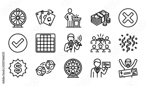 Photos Gambling Icons Set: Casino, Lottery, Bingo, Dice, Roulette, Money, Check, Winner