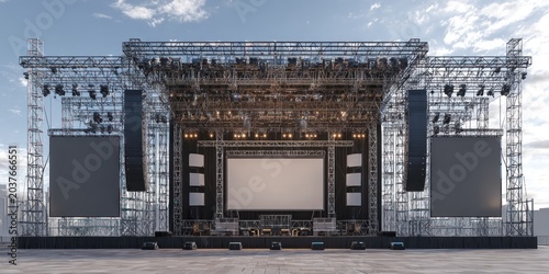 Large concert stage setup with screens and lighting for events and shows