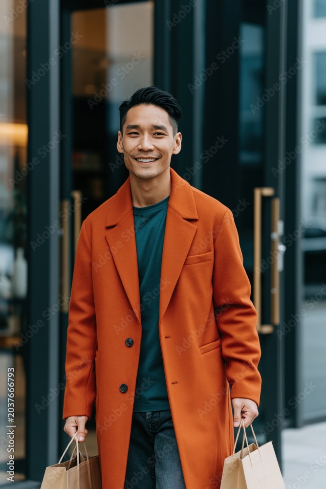 Fototapeta premium Smiling young man in orange coat holding shopping bags downtown portrait for fashion lifestyle banner design