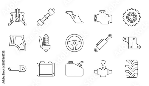 Schilderij op canvas Tractor Parts Icons Set, Agricultural Machinery Components, Vehicle Engineering
