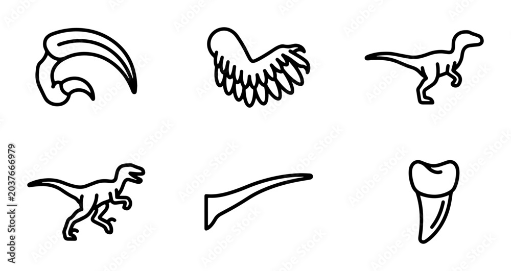 Obraz premium Dinosaur Icons: Raptor, Claw, Wing, Tooth, Fossil Elements, Prehistoric Vector Graphics