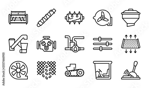 Bild auf Leinwand Agricultural Machinery Icons, Farming Equipment Vector Set, Farm Technology Symb