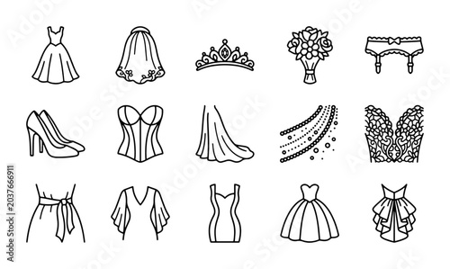 Tableau sur toile Wedding Dress Icons, Bridal Attire Vector Set, Elegant Bride Fashion Elements