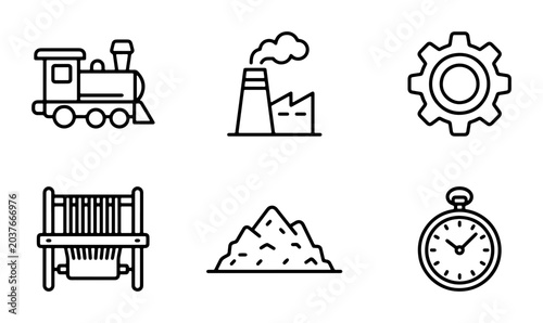 Konstfotografi Industrial Icons: Train, Factory, Gear, Mine, Bench, Stopwatch Set