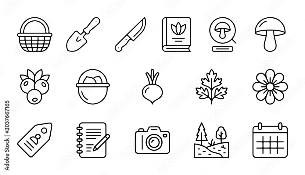 Fototapeta premium Nature Icons Set: Basket, Shovel, Knife, Book, Mushroom, Berries, Beet, Flower, Camera, Calendar, Tag