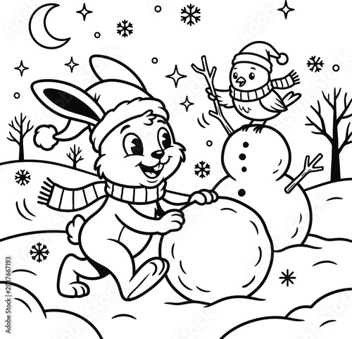 Cute bunny building a snowman winter scene line art with christmas, snowflake