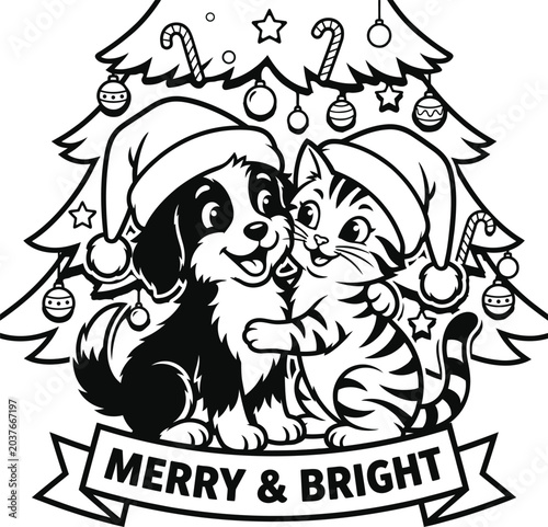 Merry and bright cute puppy and kitten christmas illustration with christmas