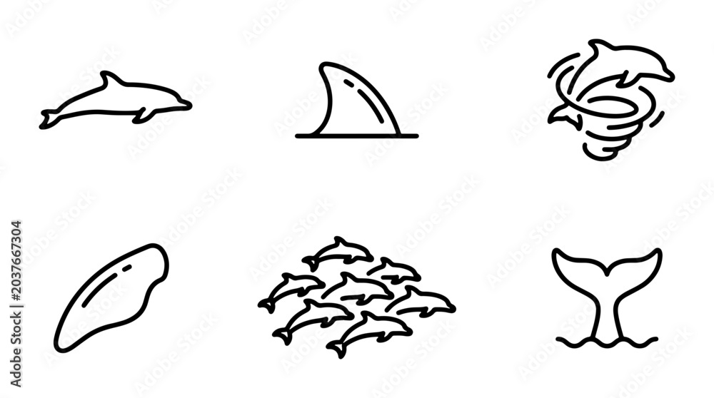 Obraz premium Dolphin Icons Set, Marine Mammal Vector Graphics, Ocean Wildlife Line Art Collection