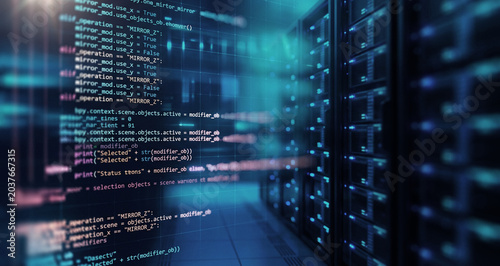 Abstract view of a server room with illuminated servers and digital data streams. Represents technology, data management, and cybersecurity concepts.