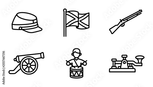 Bild auf Leinwand Civil War Icons: Soldier Hat, Flag, Rifle, Cannon, Drummer, Telegraph Machine