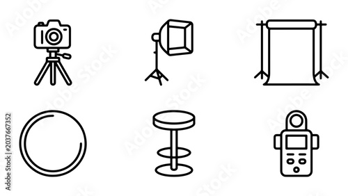 Fotografie Photography Studio Icons Set: Camera, Light, Backdrop, Stool, Reflector, Light M