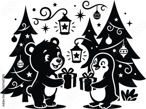 Christmas bear and penguin exchanging gifts illustration with christmas