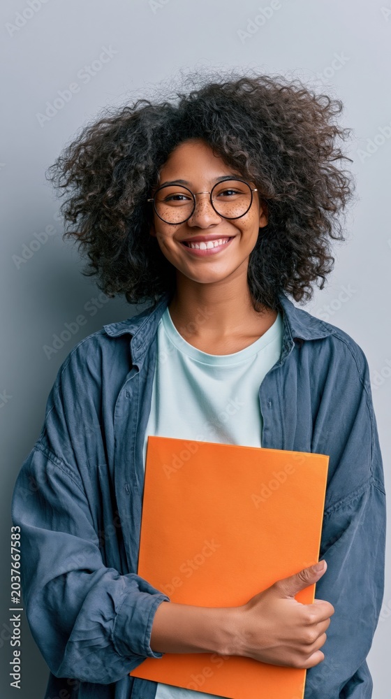 Obraz premium Smiling young woman holding an orange folder against a gray wall for student portrait and profile background