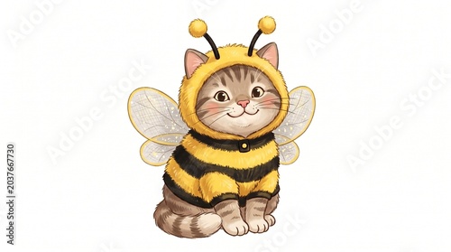 Adorable tabby kitten dressed in a charming yellow and black bee costume with wings and antennae.