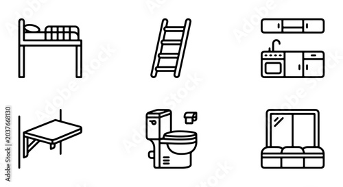 Bild auf Leinwand Minimalist Icons: Bed, Ladder, Kitchenette, Foldable Shelf, Toilet, Window Set