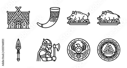 Foto Viking Icons Set: Norse Warrior, Mead Horn, Longhouse, Boar Feast, Spear, Shield