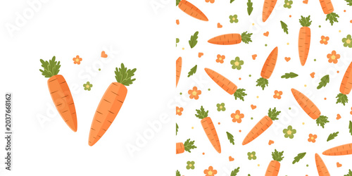 Set of carrots on a white background and Seamless pattern of orange carrots and flowers. Summer bright background. Vector illustration for packaging, wallpaper and printing.