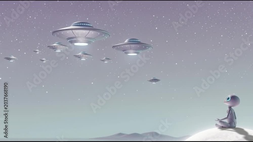 Alien Meditating on Moon Watching UFO Fleet in Starry Sky