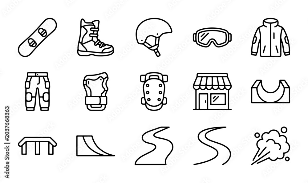 Fototapeta premium Winter Sports Gear Icons, Snowboarding Equipment & Snow Park Elements, 15 Vector Graphics