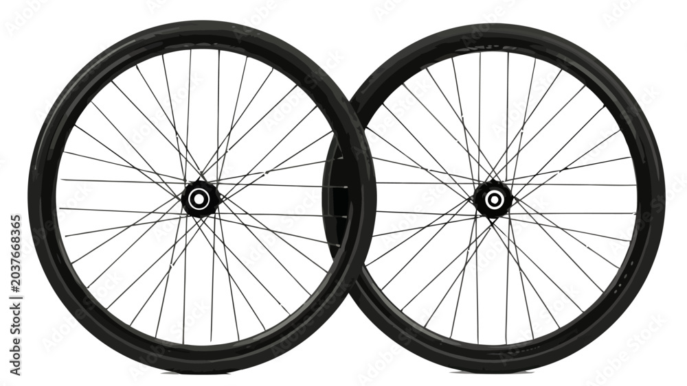 Fototapeta premium Two bicycle wheels with black rims against a white background
