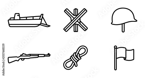 Foto Military Icons Set: Landing Craft, Barbed Wire, Helmet, Rifle, Rope, Flag Vector