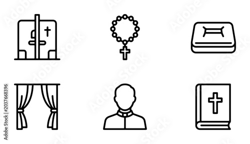Bild auf Leinwand Religious Icons Set: Christian Symbols, Priest, Bible, Rosary, Altar, Curtains