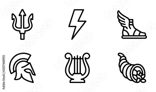 Konstfotografi Greek Mythology Icons Set: Trident, Lightning, Winged Sandal, Helmet, Lyre, Corn