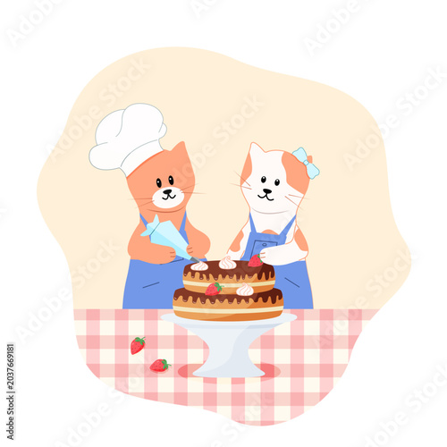 Cute kittens cooks decorate a birthday cake with cream. Cartoon cats are pastry chefs. Vector illustration.