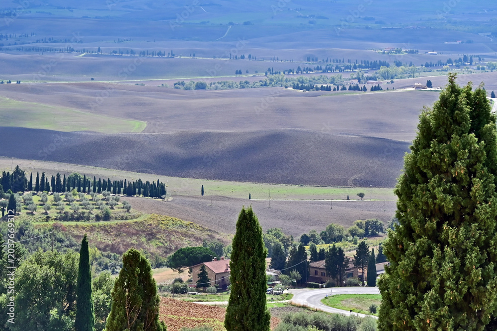 Naklejka premium Pienza, le colline della Val d'Orcia dalla loggia di Palazzo Piccolomini, Val d'Orcia, Toscana