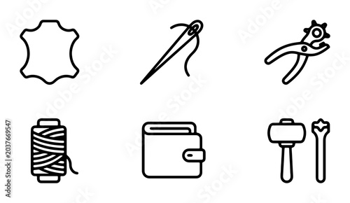 Photos Leather Crafting Icons Set, Sewing Needle, Wallet, Punch Tool, Thread Spool, Cra
